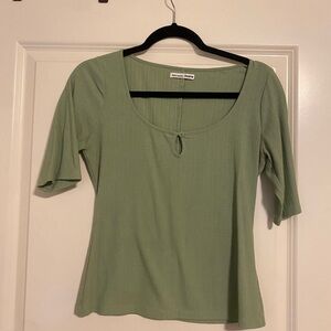 Green Reformation Jeans Button Keyhole Scoop Neck Ribbed Half Sleeve Top